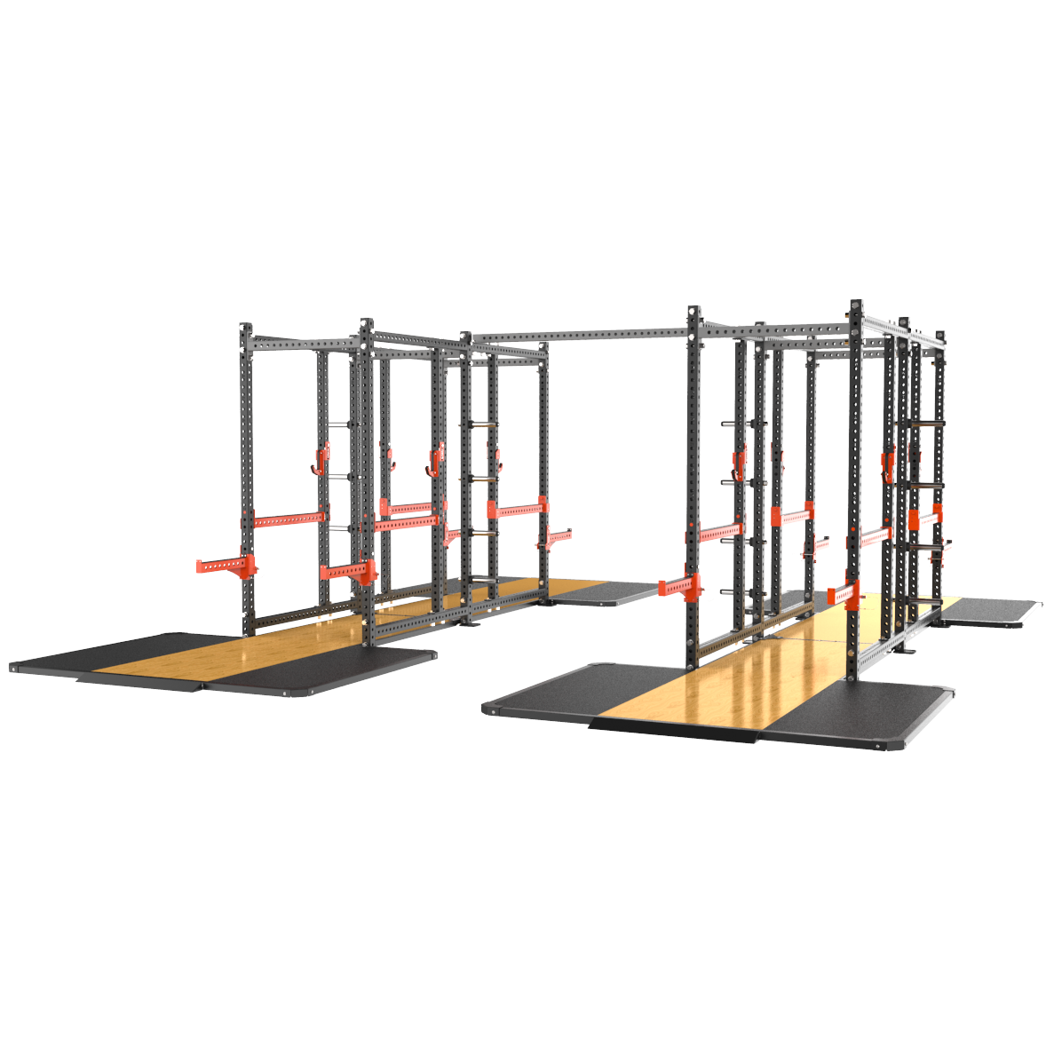 Impulse 7MS-01 четыре силовые рамы MS02 с опцией-стойкой для хранения дисков MS00 и помостами HSPCF35/MS32 соединенные между собой перекладиной
